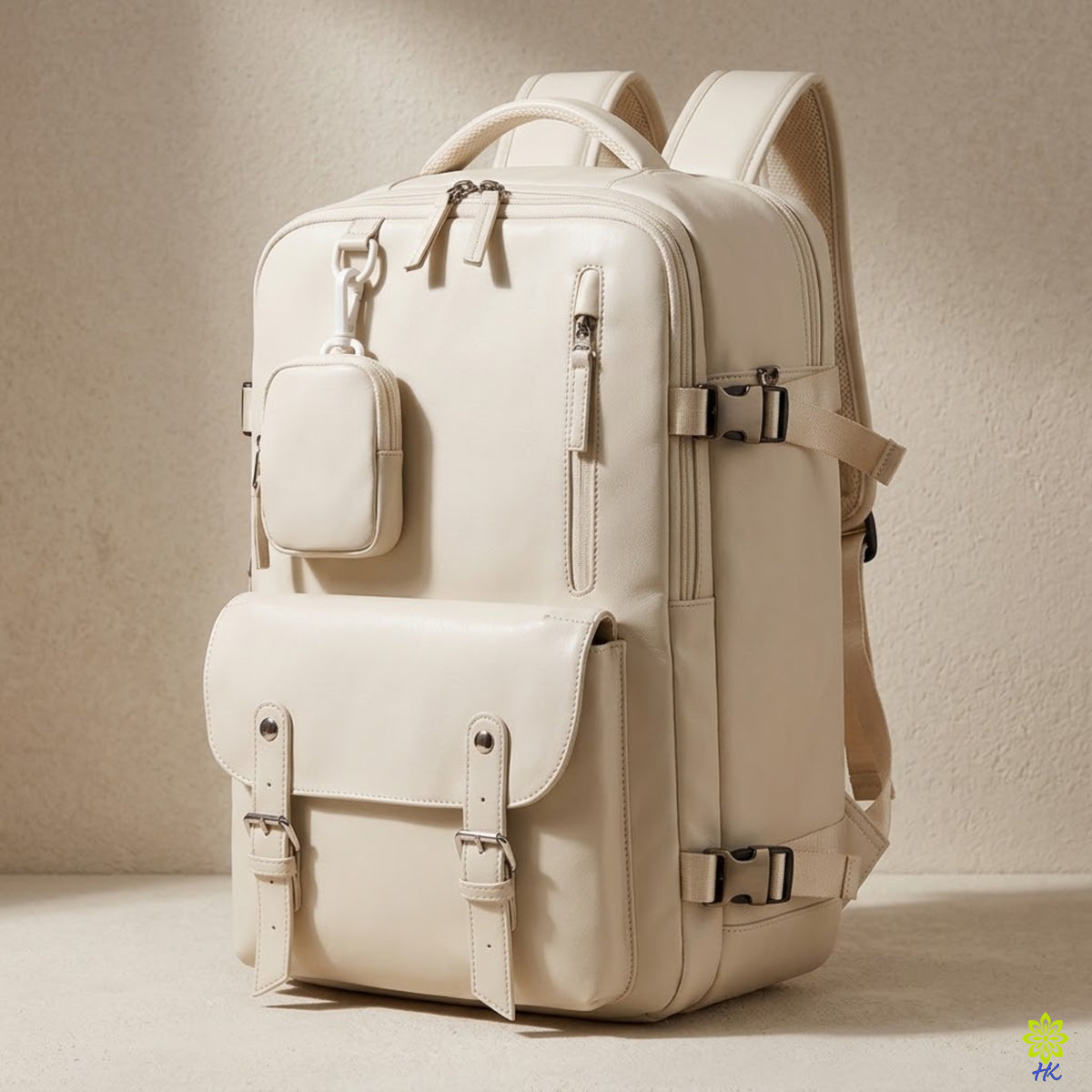 Apricot white travel backpack with detachable pouch, front pockets, compression straps and structured design