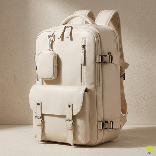 Apricot white travel backpack with detachable pouch, front pockets, compression straps and structured design
