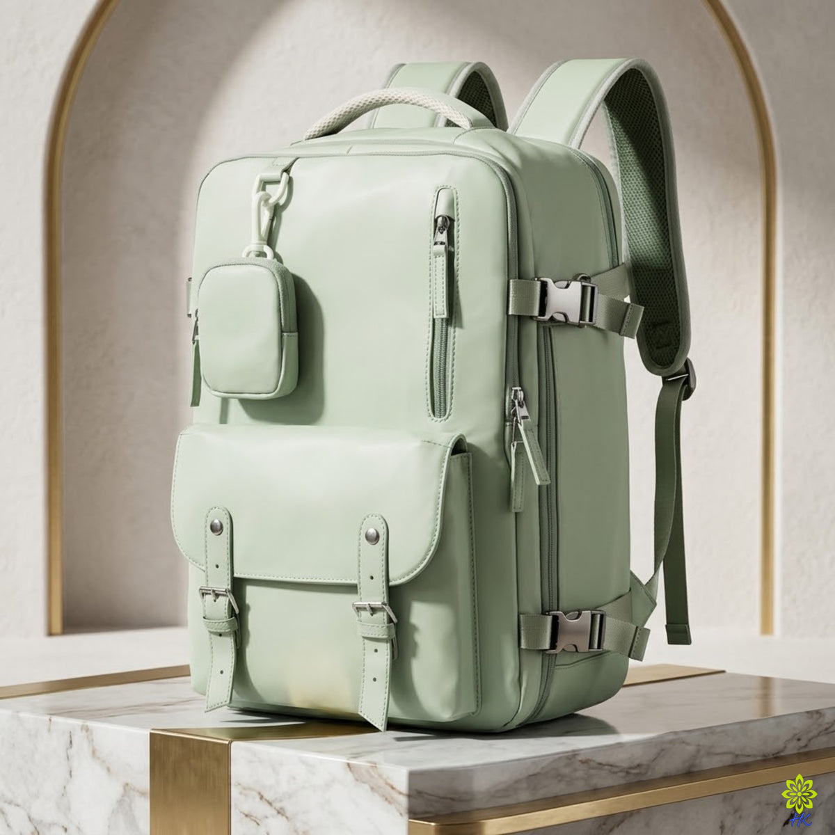 A sage green leather backpack with multiple front pockets, silver buckle details, and a small matching pouch, displayed on a marble pedestal in a styled interior setting.