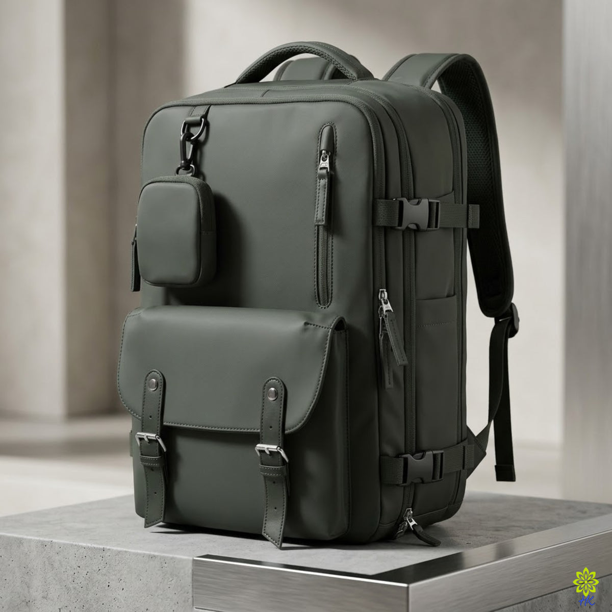 An olive green multi-compartment backpack with multiple zippered pockets and buckle details, displayed on a metallic pedestal in a modern, minimalist studio setting.