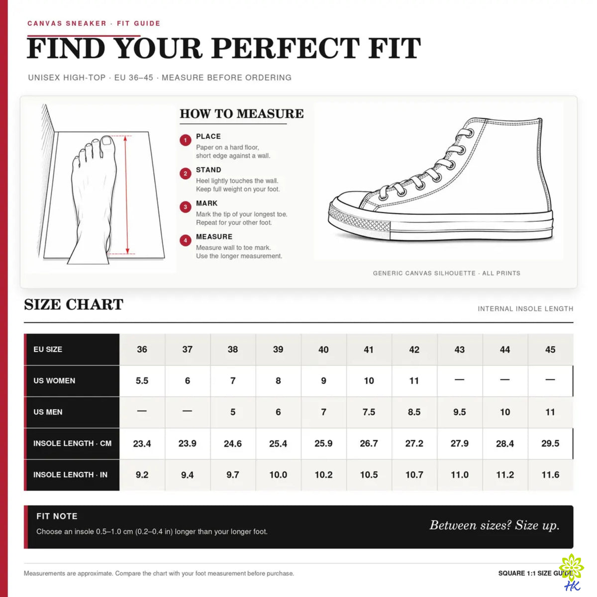Canvas sneaker fit guide infographic showing how to measure foot length with a hand diagram, a silhouette illustration of a high-top sneaker, and a size chart table for EU sizes, US men, and inside length in centimeters and inches.