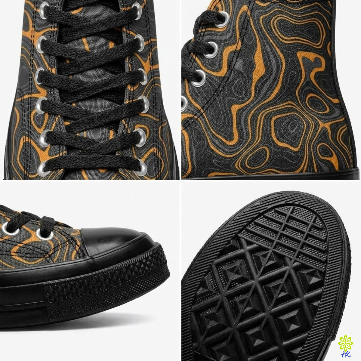 A four-panel close-up collage of a black high-top sneaker with an orange topographic contour pattern. The panels show the lace-up front, the side profile, the toe cap, and the textured black rubber outsole.