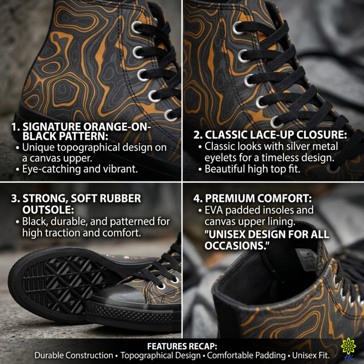 Four-panel product collage showing a high-top sneaker from multiple angles with text callouts. The shoe has a black base with an orange topographical contour pattern, black laces, and silver eyelets.