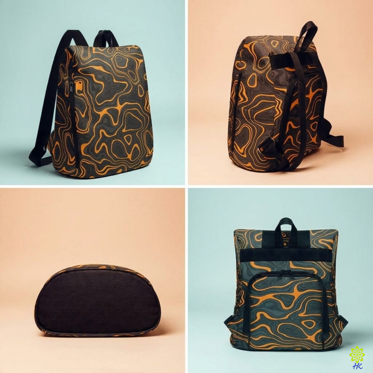A four-panel product collage showing a backpack from multiple angles. The backpack has a dark base with an orange topographic contour line pattern and black straps, shown against a split light blue and peach studio background.