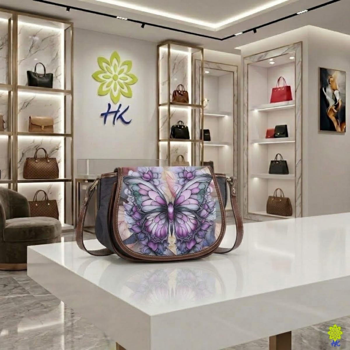 A designer shoulder bag with a purple and blue butterfly print is displayed on a white table in a luxury handbag boutique.