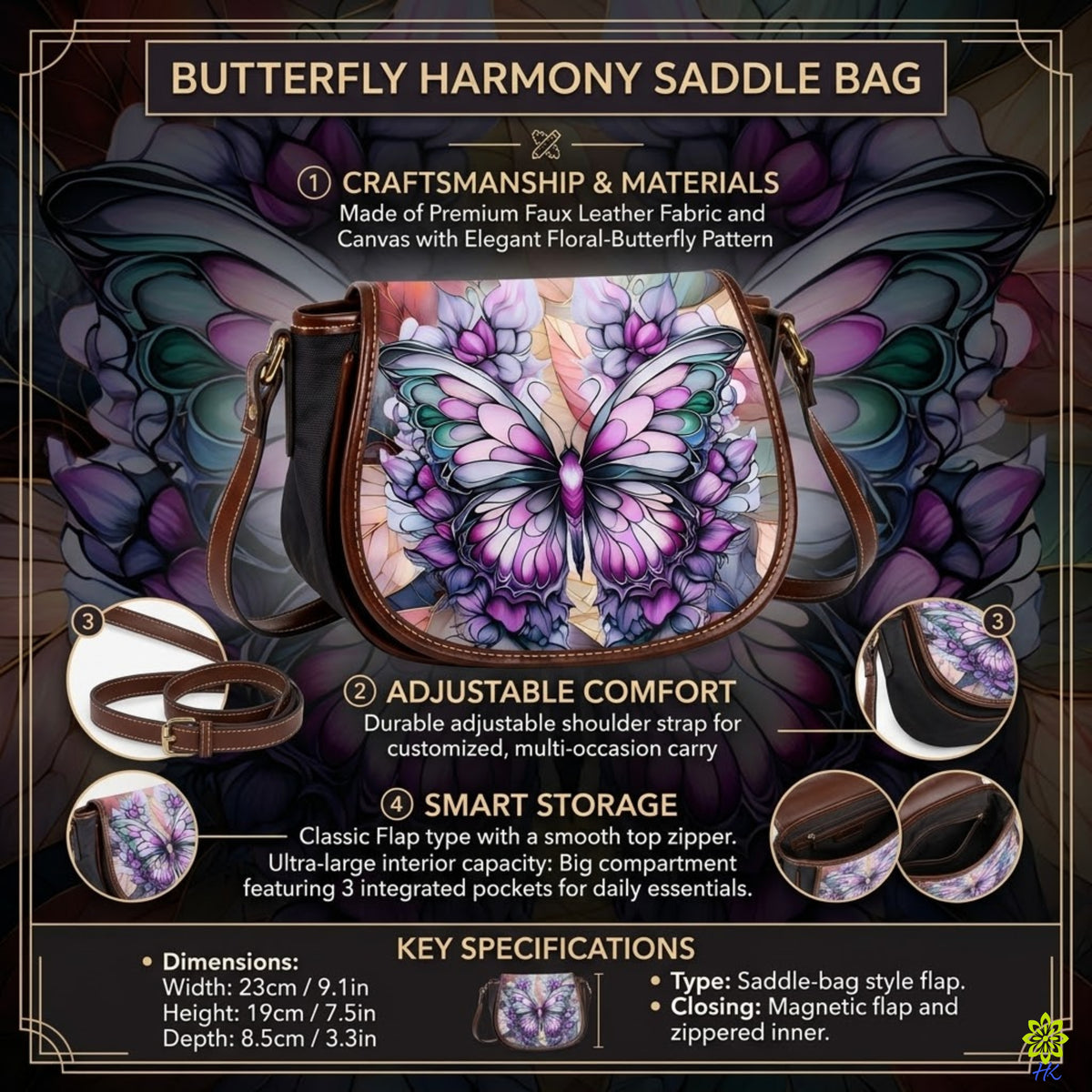 A promotional graphic for a 'Butterfly Harmony Saddle Bag' featuring a central image of a brown leather saddle bag decorated with a large colorful butterfly design in purple, pink, and blue. The graphic includes text detailing the bag's features ('Craftsmanship & Materials', 'Adjustable Comfort', 'Smart Flora') and specifications, supported by circular inset images showing close-ups of the strap, flap, and interior compartments.