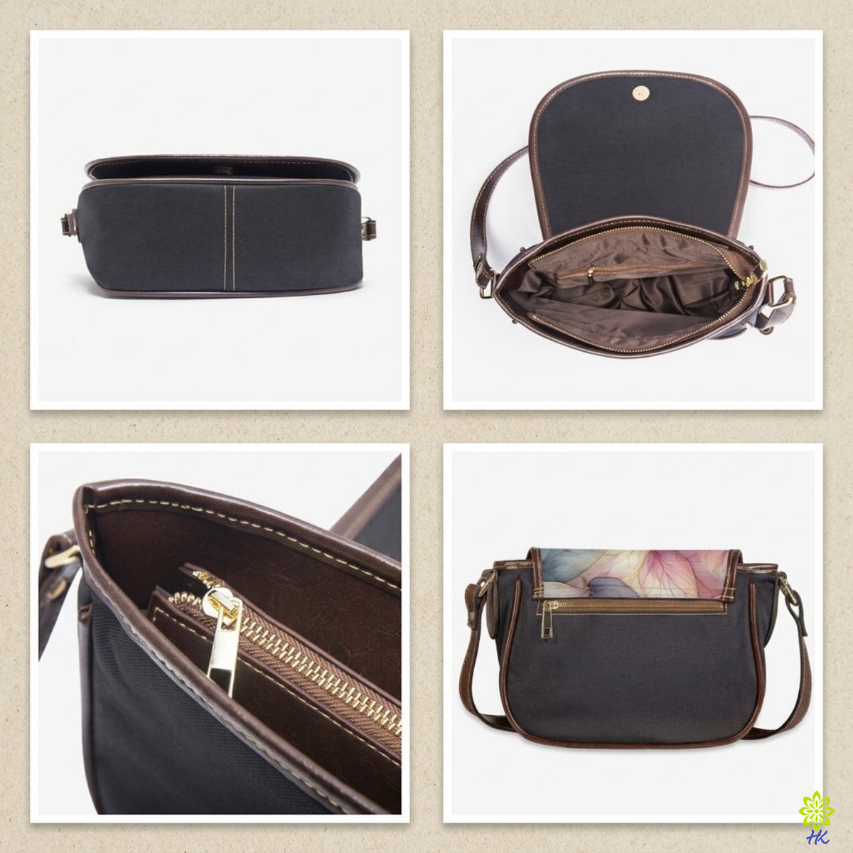 A four-panel product collage showing a small shoulder bag from multiple angles: closed front view, open interior view, close-up of the interior zipper compartment, and a side view with the strap visible. The bag appears dark navy or black with brown trim and lining, plus gold-tone zipper hardware.