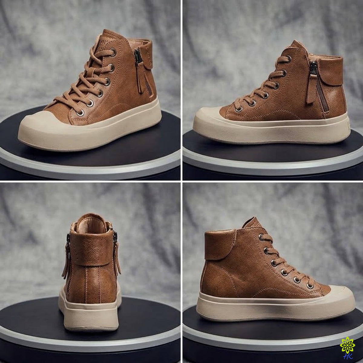 Braune Leder-High-Top-Sneaker mit Seitenreißverschluss