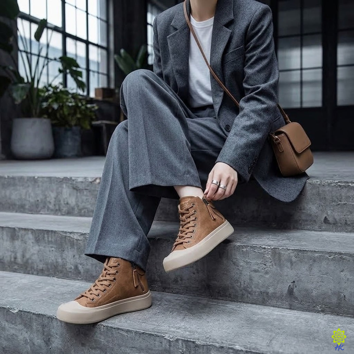 Braune Leder-High-Top-Sneaker mit Seitenreißverschluss