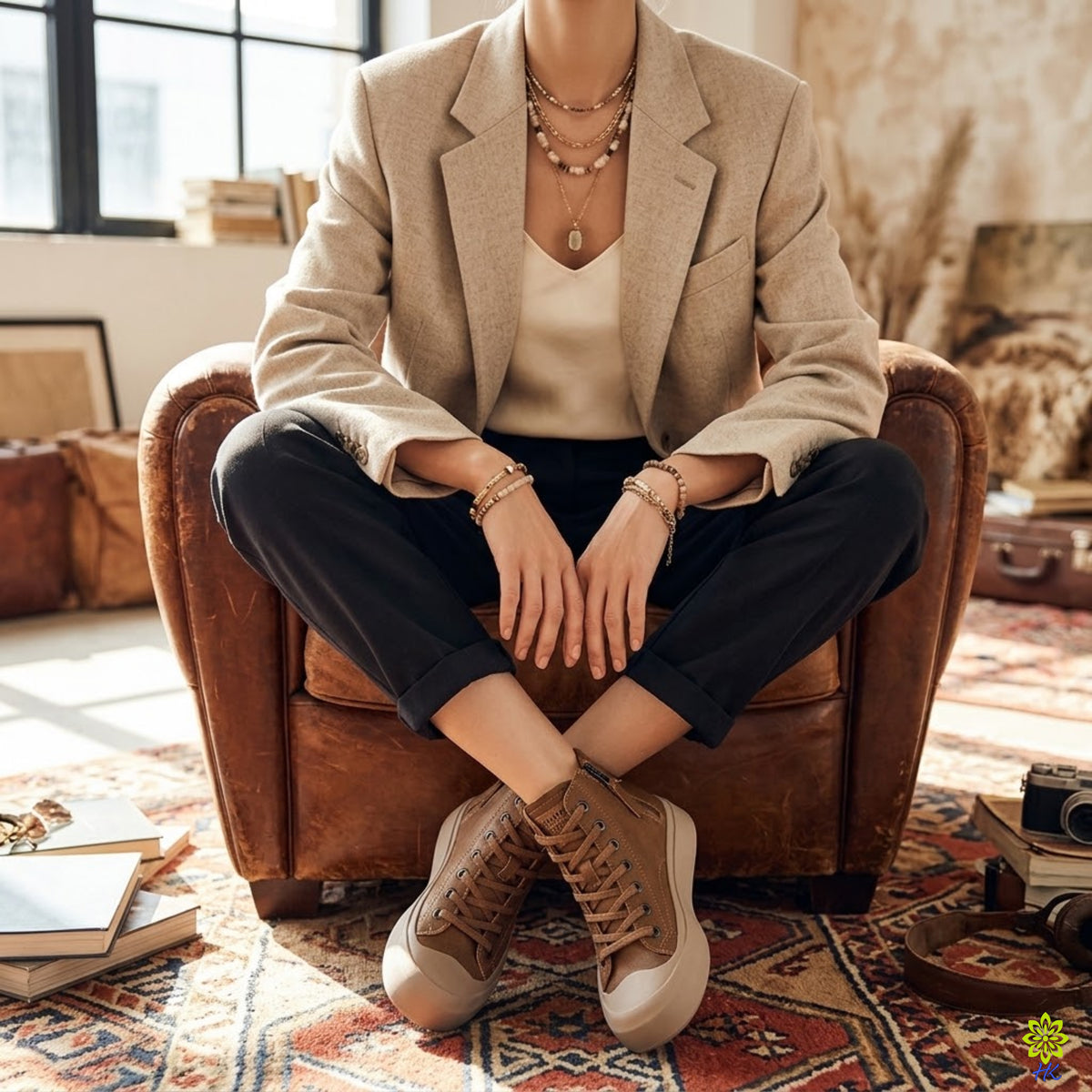 Braune Leder-High-Top-Sneaker mit Seitenreißverschluss