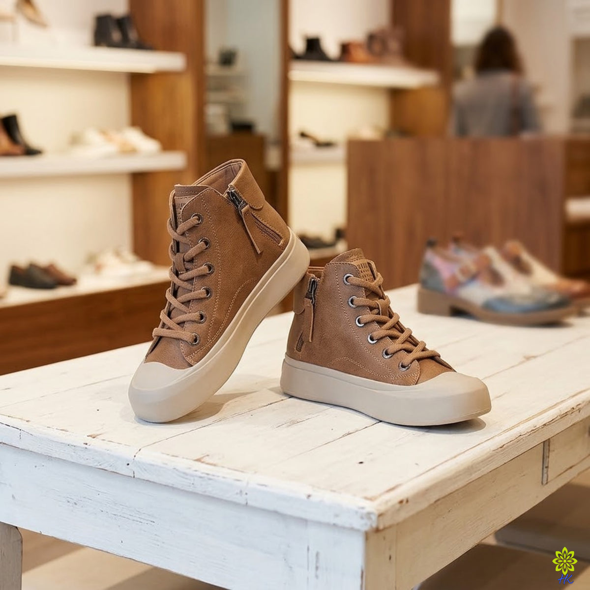 Braune Leder-High-Top-Sneaker mit Seitenreißverschluss