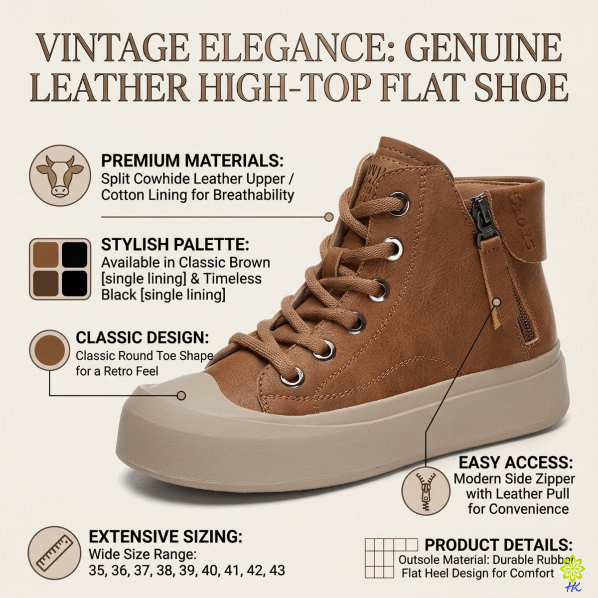 Braune Leder-High-Top-Sneaker mit Seitenreißverschluss