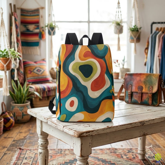 Retro Abstract Canvas Backpack with Vertical Zip Pocket
