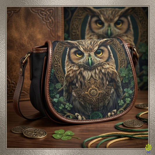Zadeltas met Keltisch Uil-Motief, Canvas & Vegan Leer