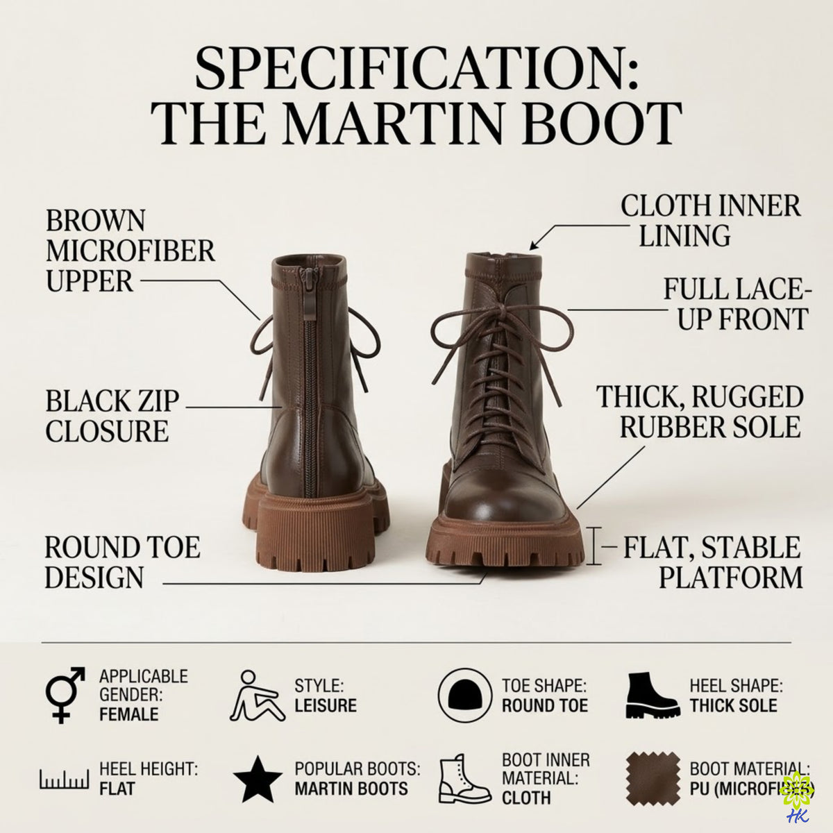 Women's Brown PU Microfiber Chunky Lace-Up Combat Boots