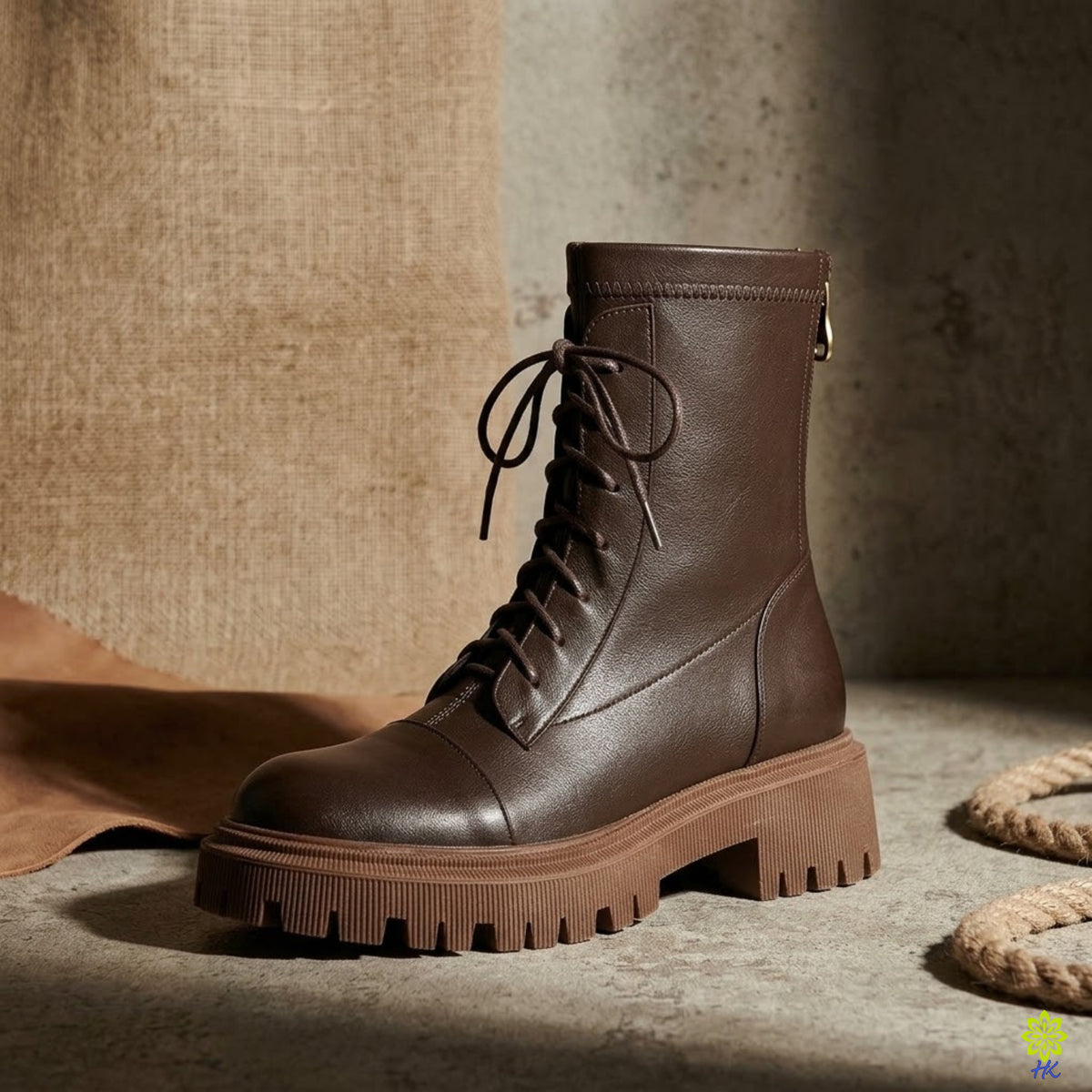 Women's Brown PU Microfiber Chunky Lace-Up Combat Boots