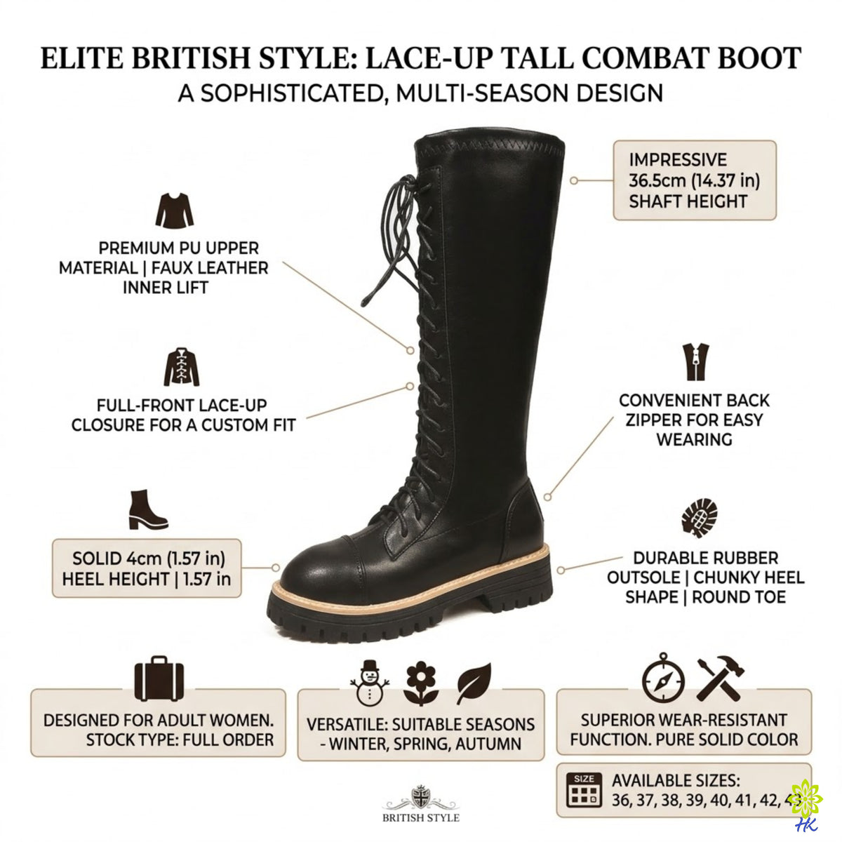 Women’s Knee-High Lace-Up Combat Boots with Back Zip