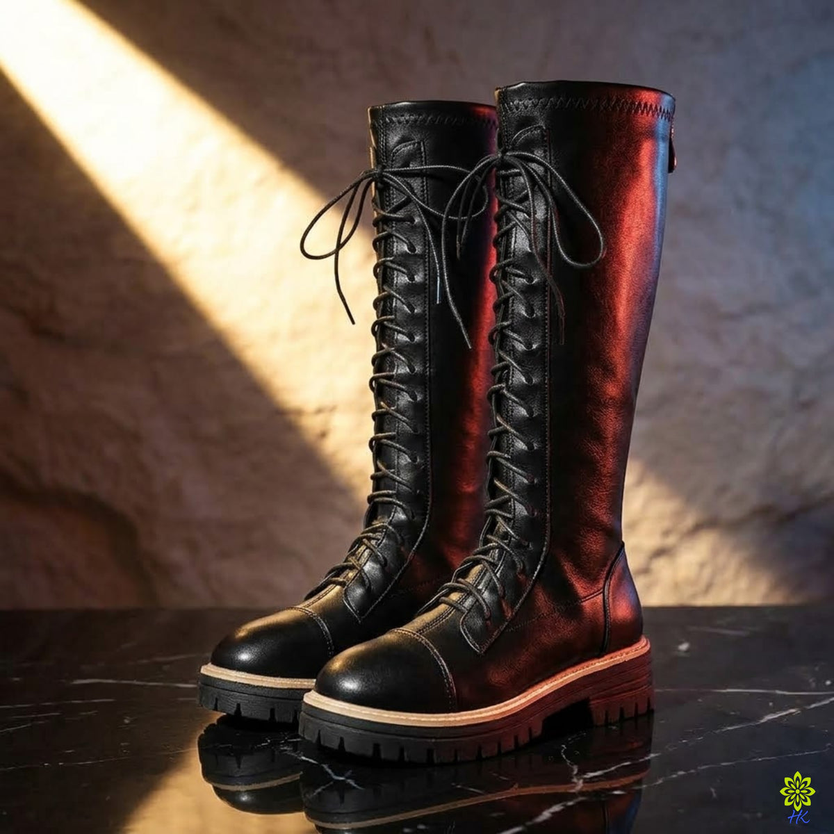 Women’s Knee-High Lace-Up Combat Boots with Back Zip