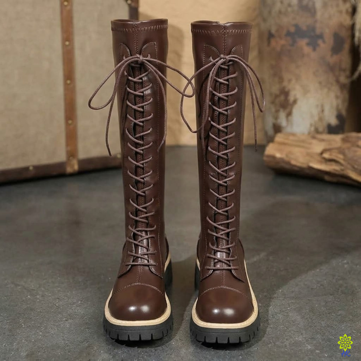 Women’s Knee-High Lace-Up Combat Boots with Back Zip