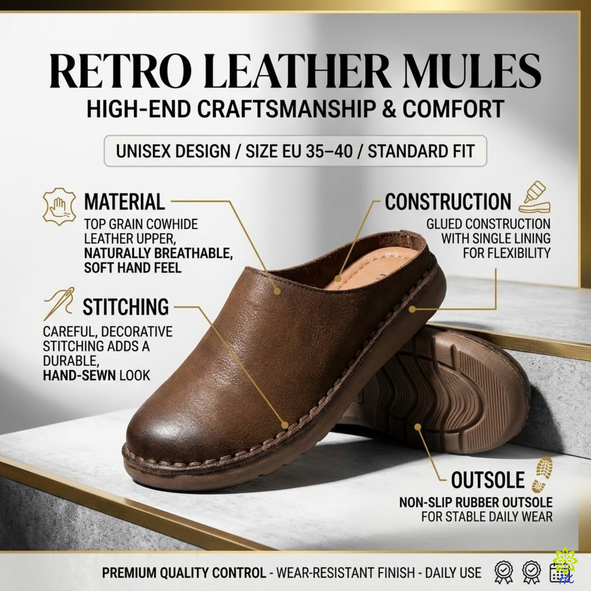 Brown Leather Clogs, Retro Cowhide Slip-On Shoes, Rubber Sole