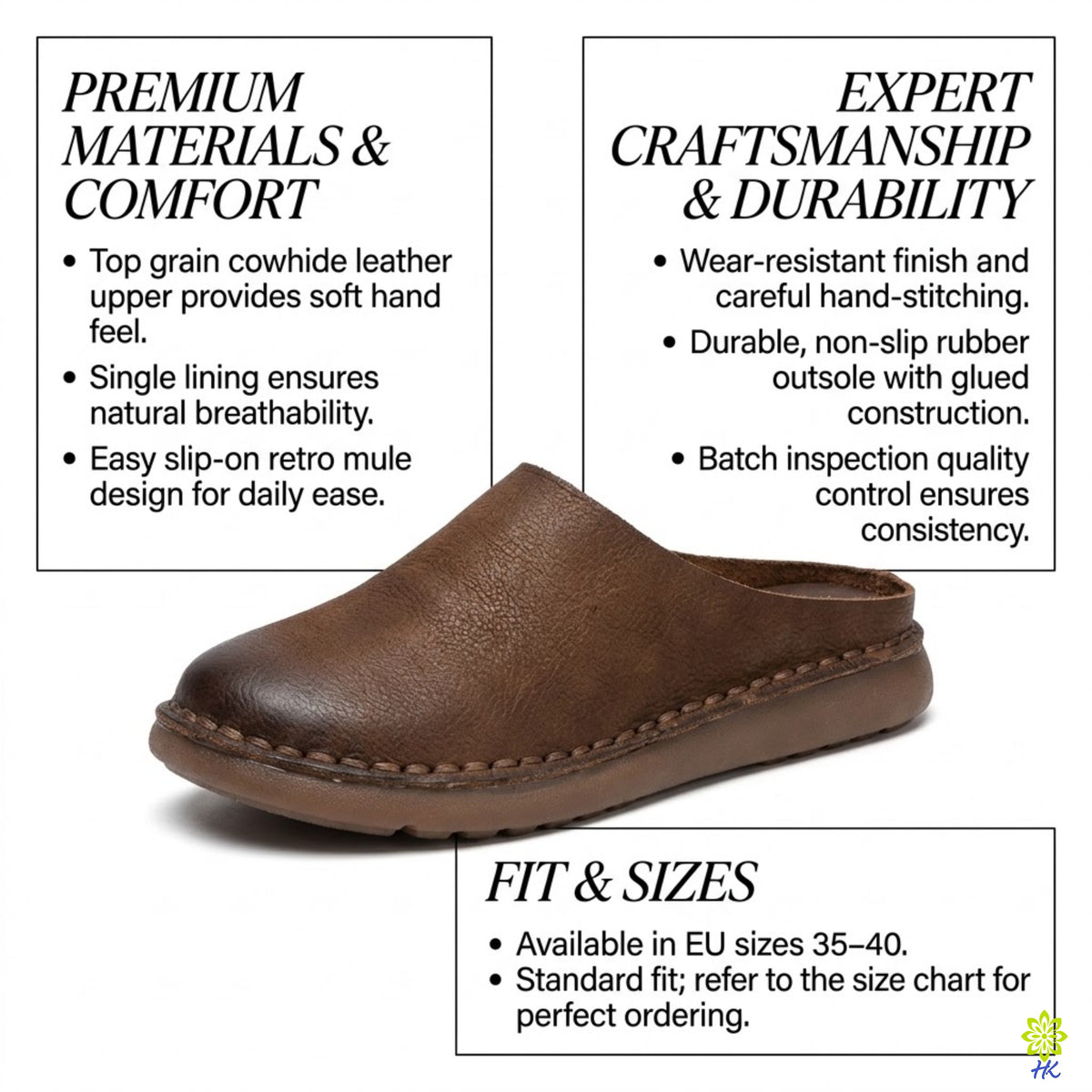 Brown Leather Clogs, Retro Cowhide Slip-On Shoes, Rubber Sole