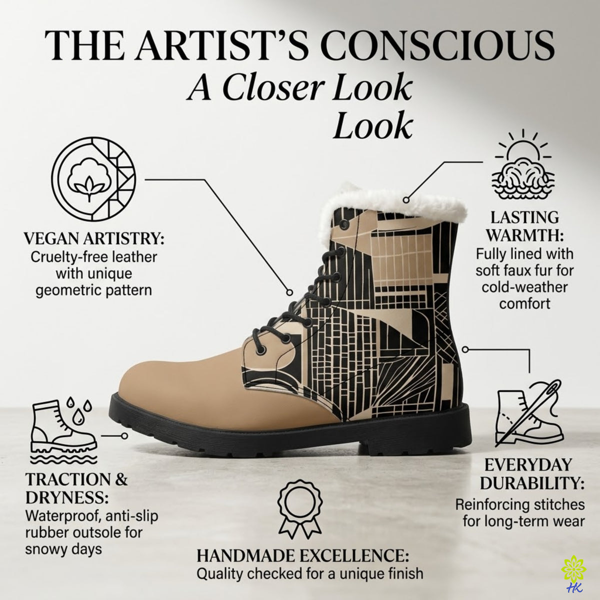 Beige Geometric Faux Leather Lace-Up Winter Boots