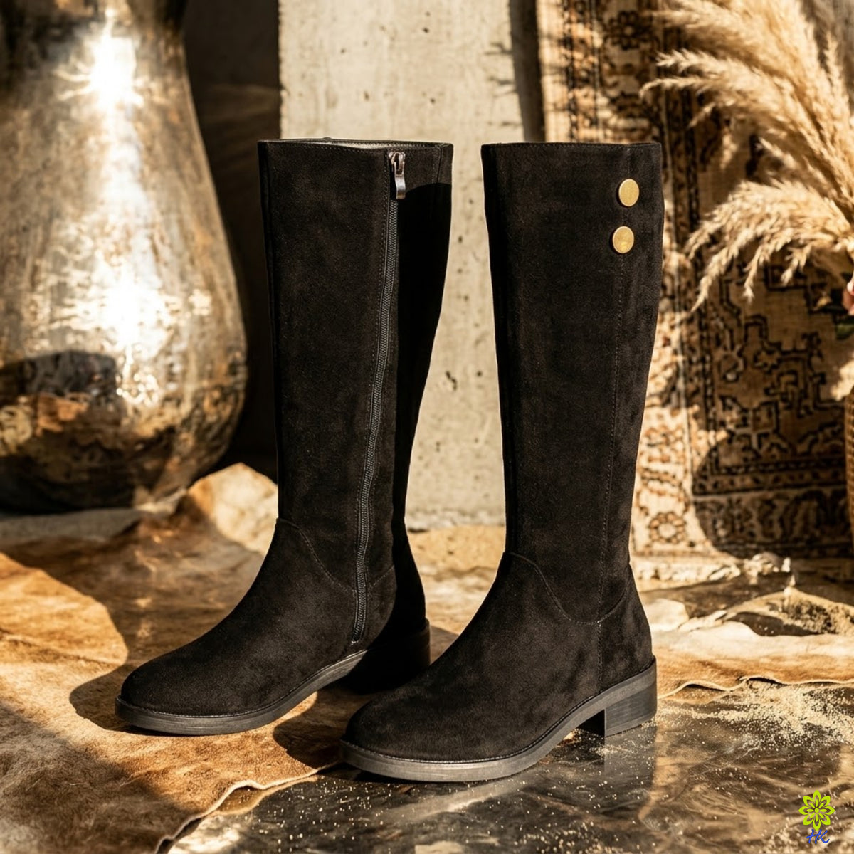 Women’s Suede Tall Boots with Side Zip and Low Block Heel