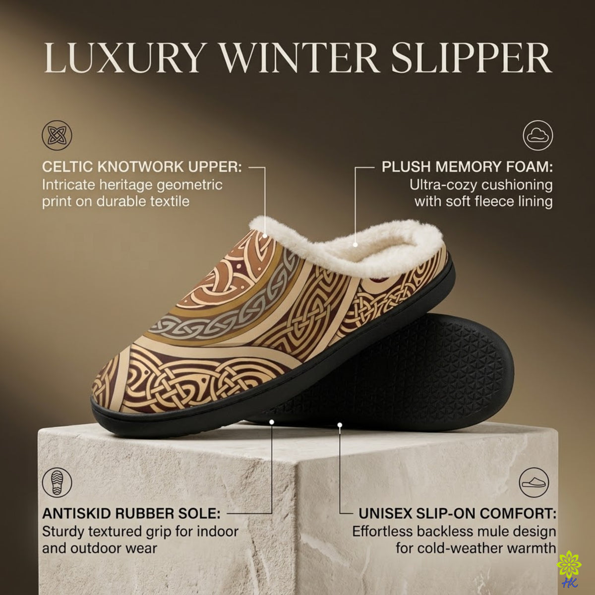 Celtic Knot Memory Foam Slippers with Fleece Lining