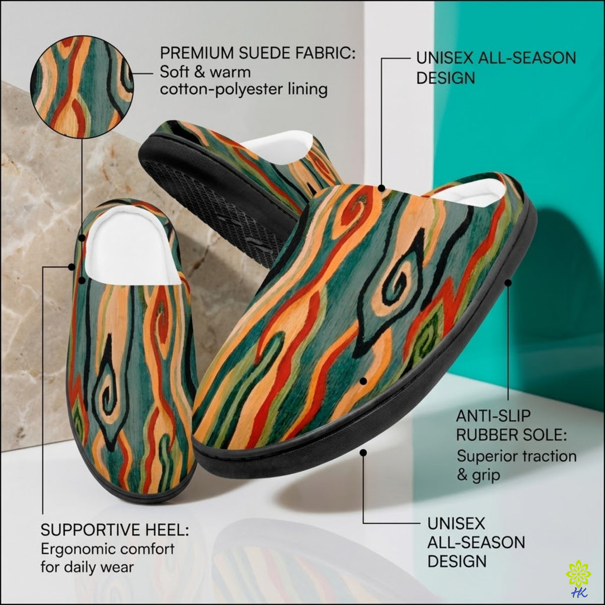 Abstract Swirl Closed-Toe Slippers with Black Soles