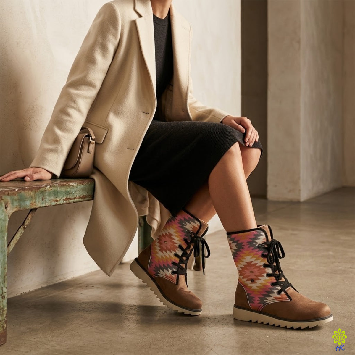 Geometric Print Fur-Lined Lace-Up Winter Boots