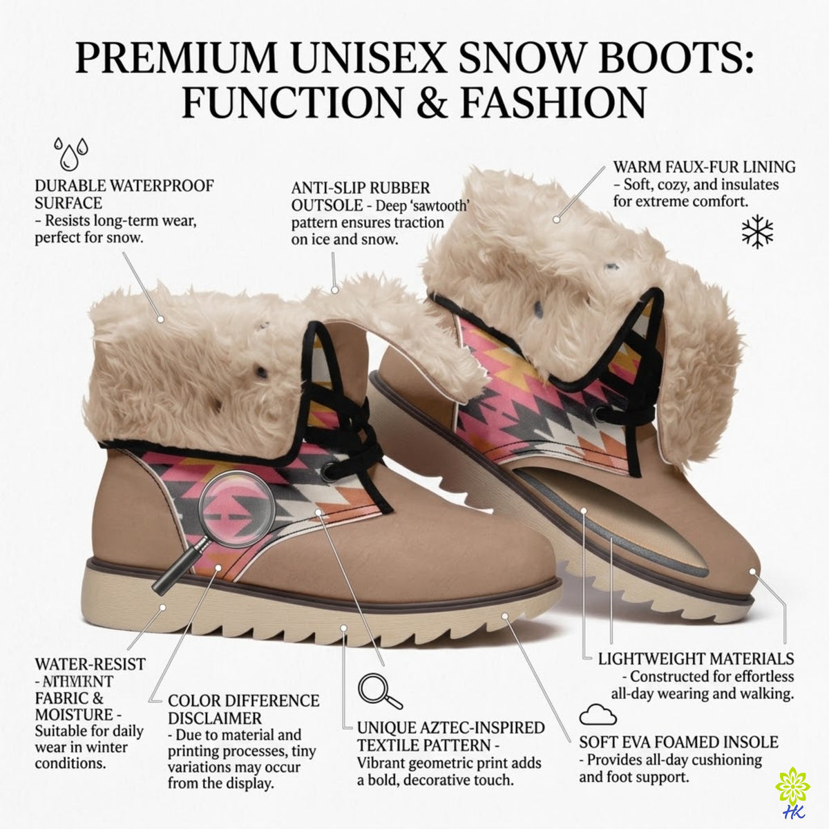 A pair of premium unisex snow boots with detailed feature callouts on a white background. The boots are light brown with a thick beige faux-fur collar, black straps, and a pink, green, and black geometric pattern on the sides.