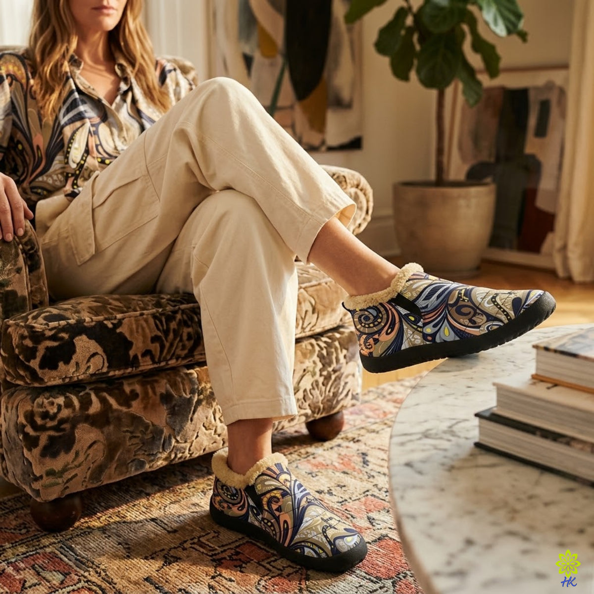 Abstract Paisley Faux Fur Lined Slip-On Slippers
