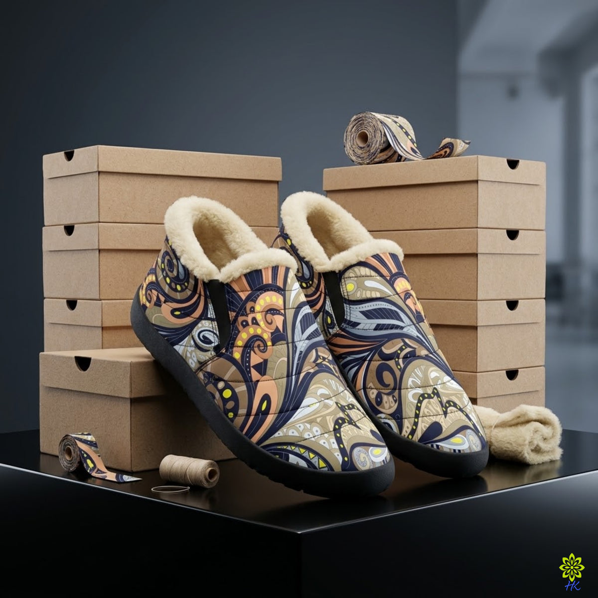 Abstract Paisley Faux Fur Lined Slip-On Slippers