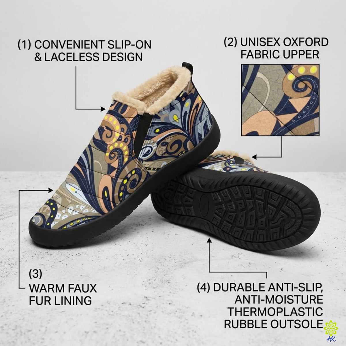 Abstract Paisley Faux Fur Lined Slip-On Slippers