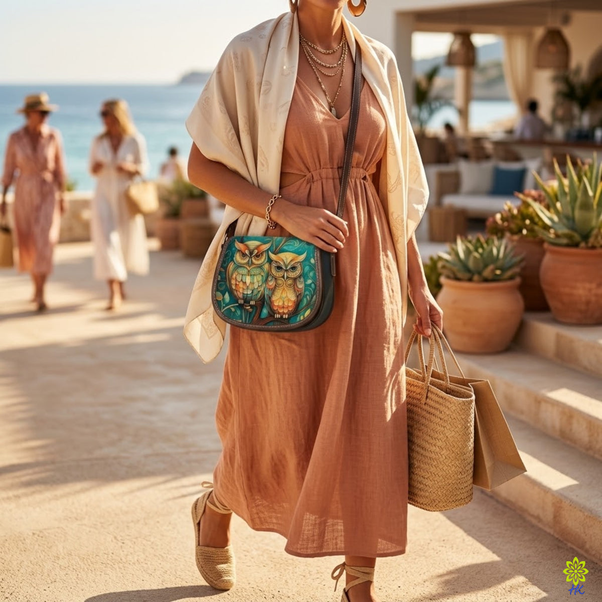 Owl Print Canvas Saddle Crossbody Bag