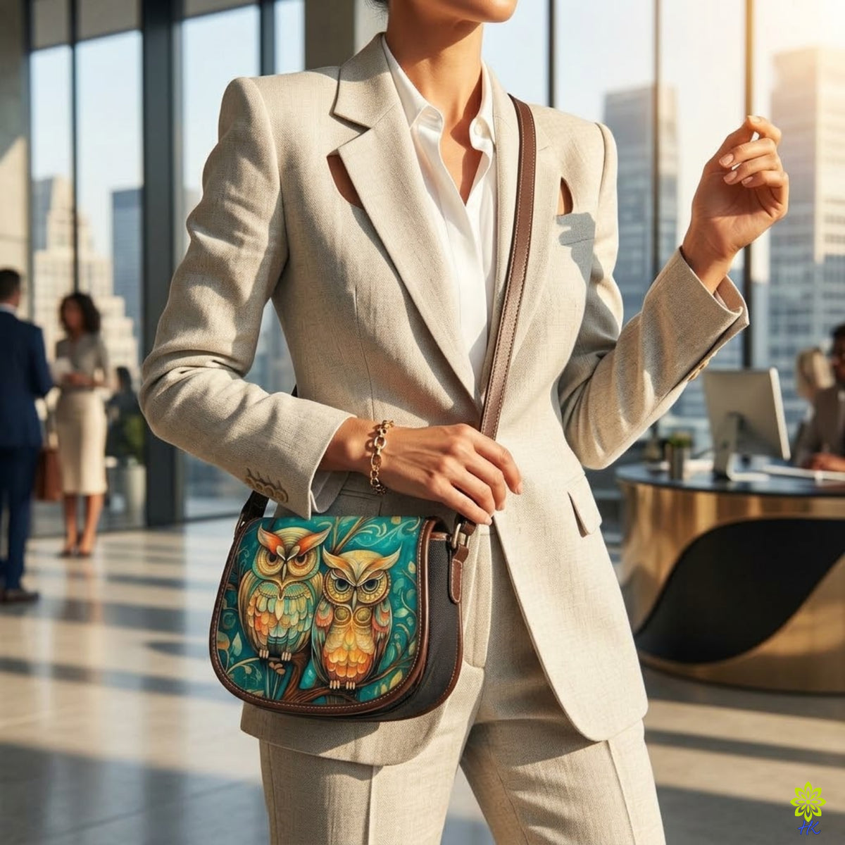 Owl Print Canvas Saddle Crossbody Bag