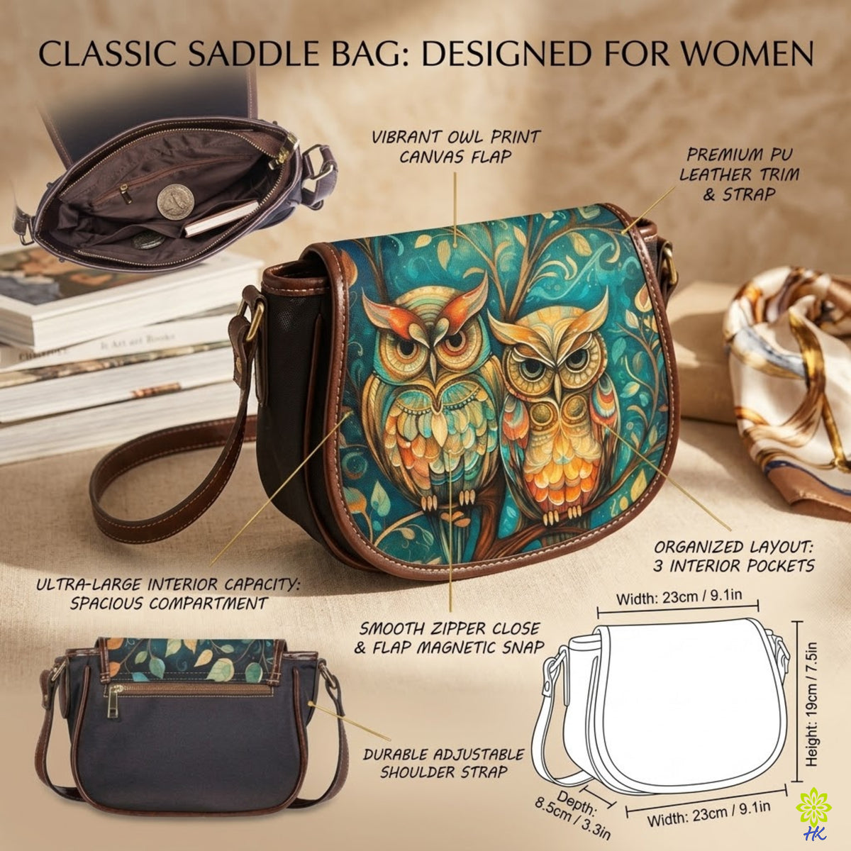 Owl Print Canvas Saddle Crossbody Bag