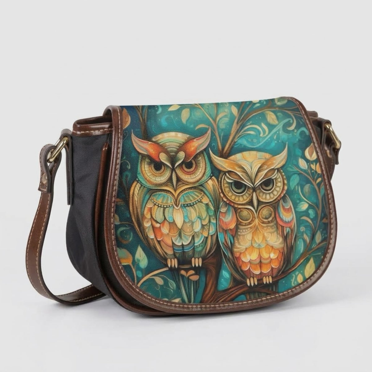 Owl Print Canvas Saddle Crossbody Bag