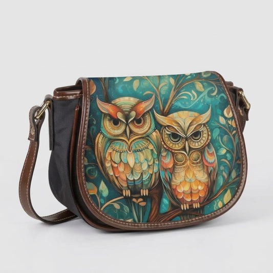 Owl Print Canvas Saddle Crossbody Bag