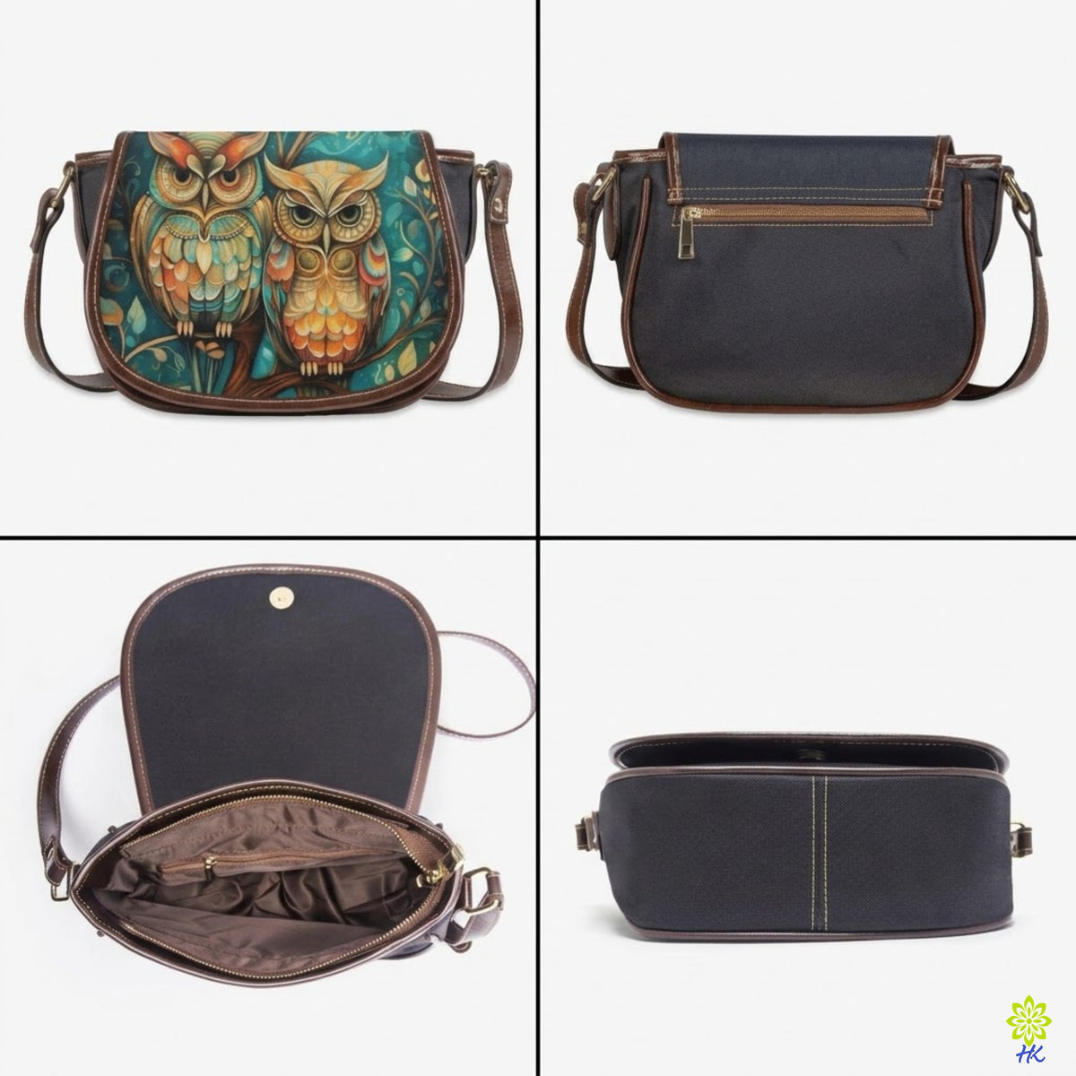 Owl Print Canvas Saddle Crossbody Bag