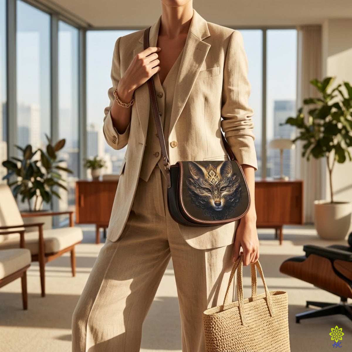 Borsa a Tracolla Volpe Ornamentale in Ecopelle e Tela