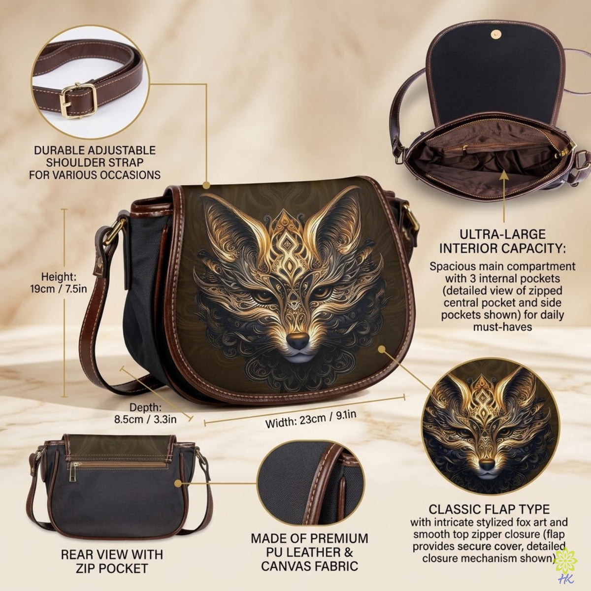 Borsa a Tracolla Volpe Ornamentale in Ecopelle e Tela