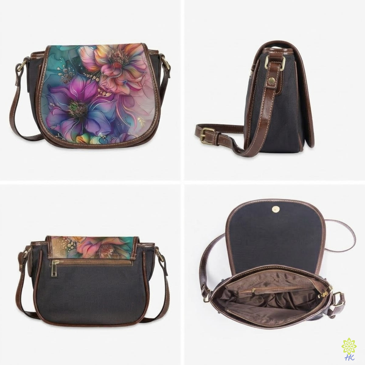 Botanical Floral PU Leather & Canvas Crossbody Bag