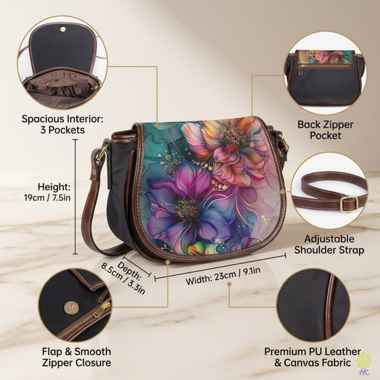 Botanical Floral PU Leather & Canvas Crossbody Bag