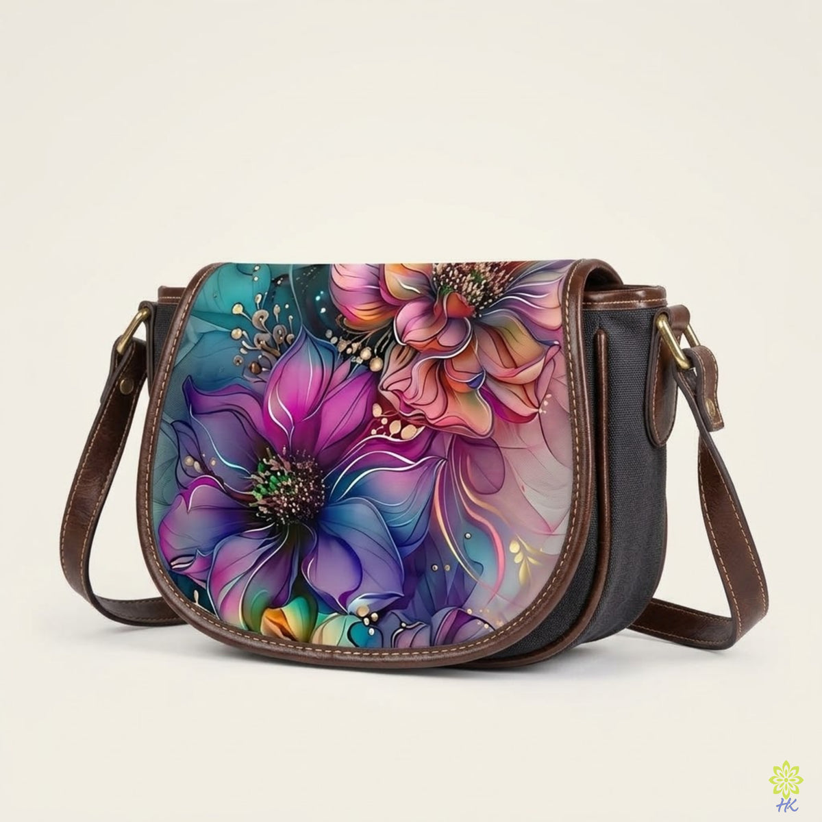 Botanical Floral PU Leather & Canvas Crossbody Bag