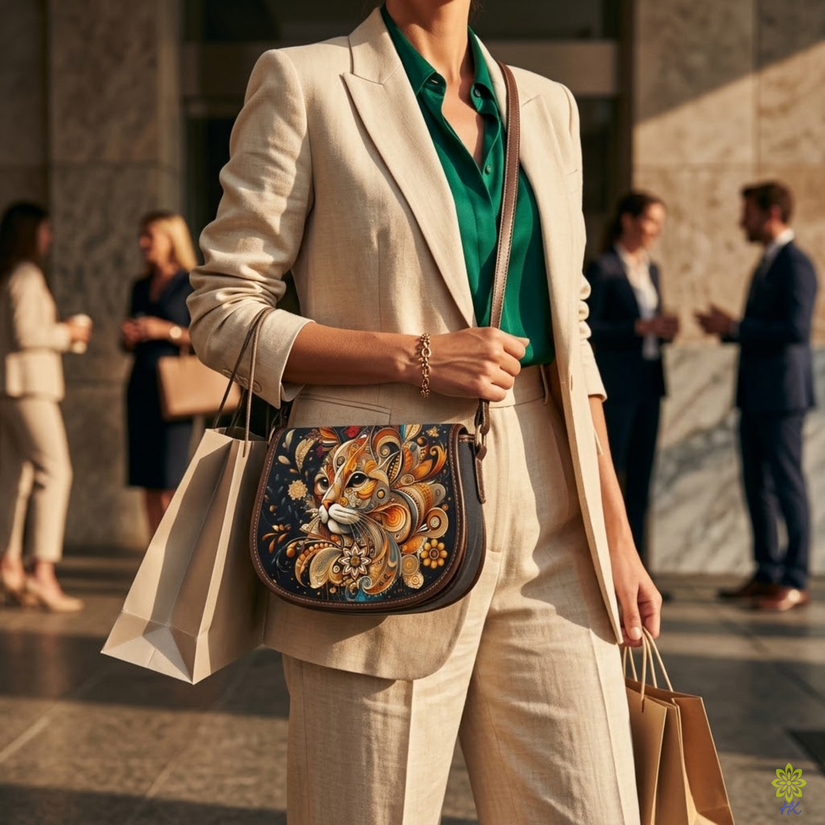 Ornamental Cat PU Leather & Canvas Crossbody Bag