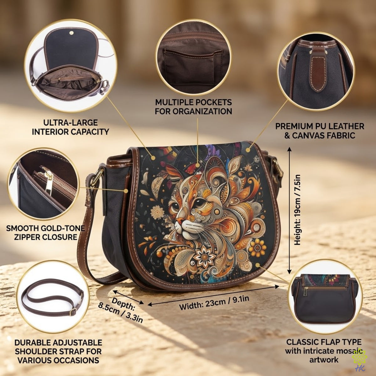 Ornamental Cat PU Leather & Canvas Crossbody Bag