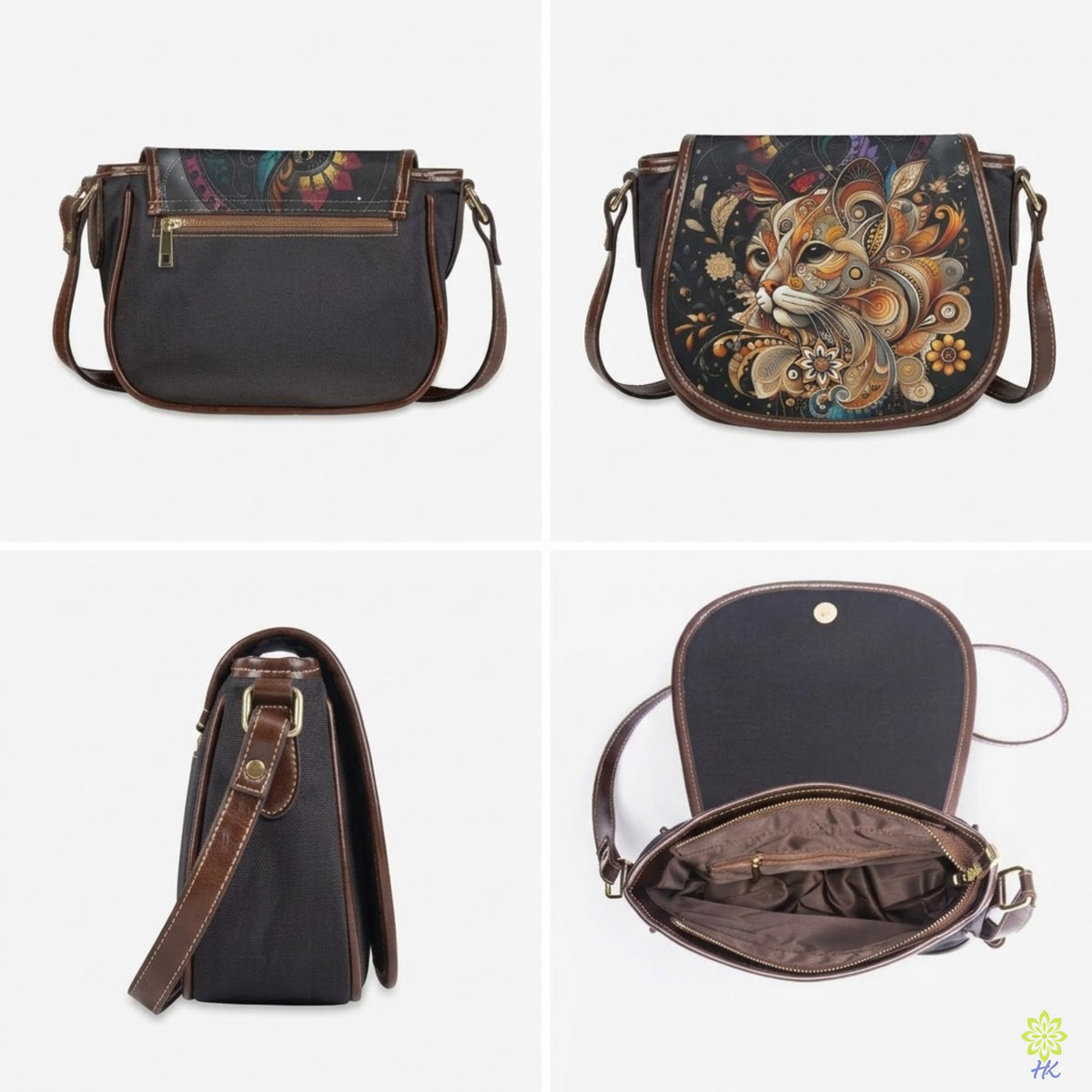 Ornamental Cat PU Leather & Canvas Crossbody Bag