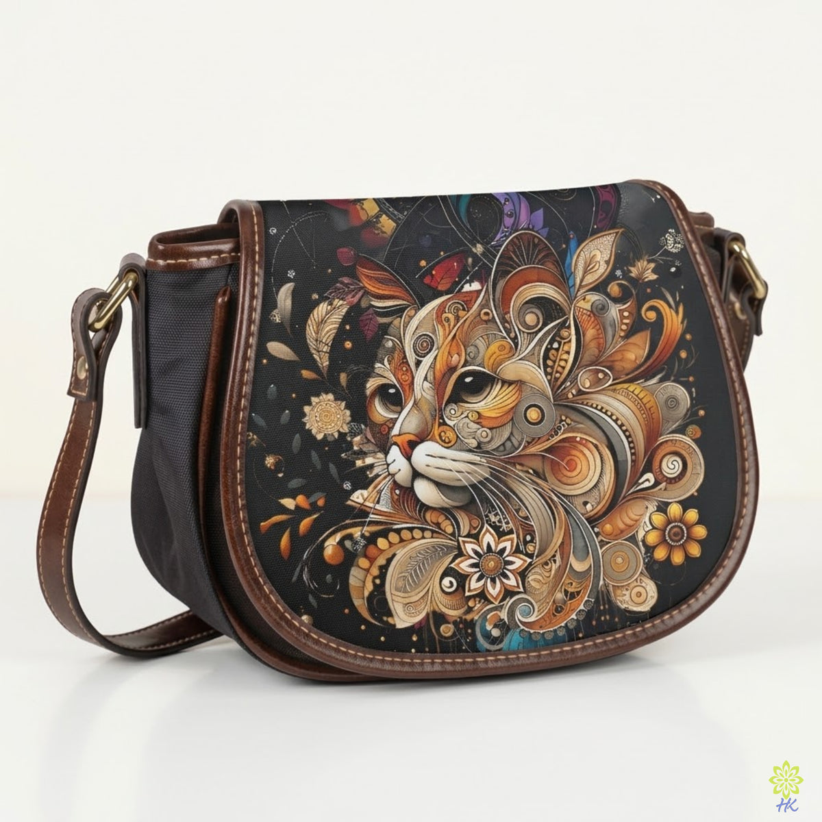 Ornamental Cat PU Leather & Canvas Crossbody Bag