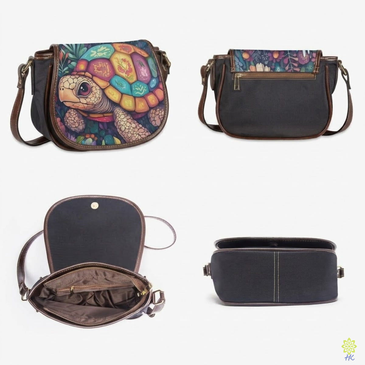 Colorful Turtle Print Canvas & PU Leather Crossbody Bag